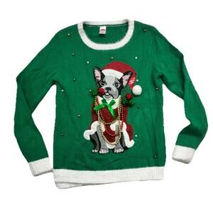 Ugly Christmas Sweater Womens Size Medium Pug Dog With Beads Sequins Holiday